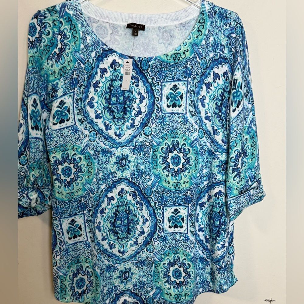 Talbots Size M Aqua Floral Summer Print Cotton Sweater 3/4 Sleeve New With Tags